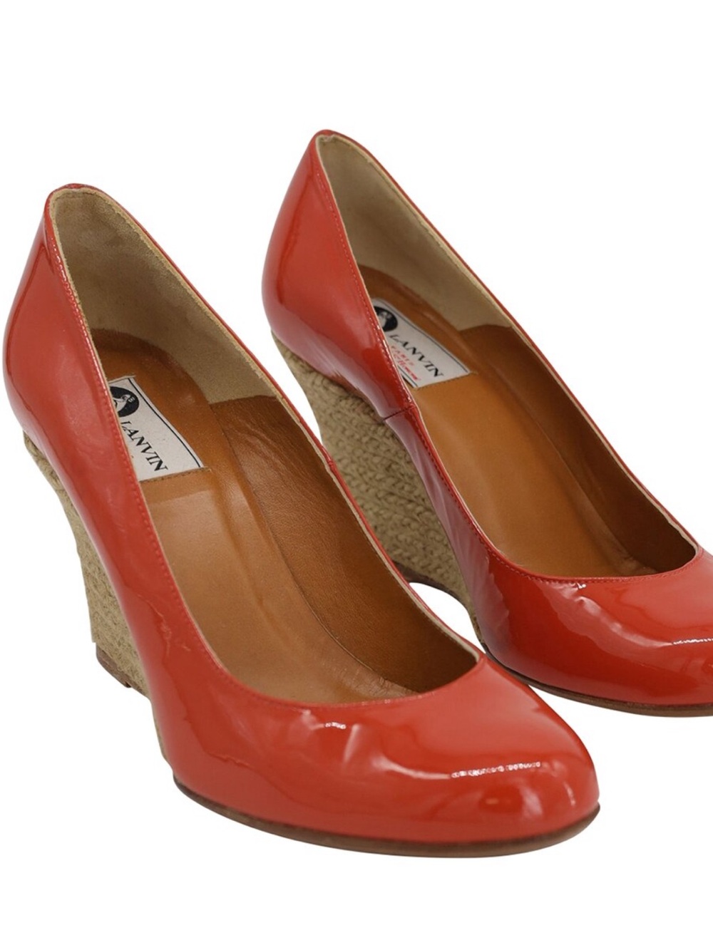 Lanvin Coral-Red Patent Leather Espadrille Wedge Pumps